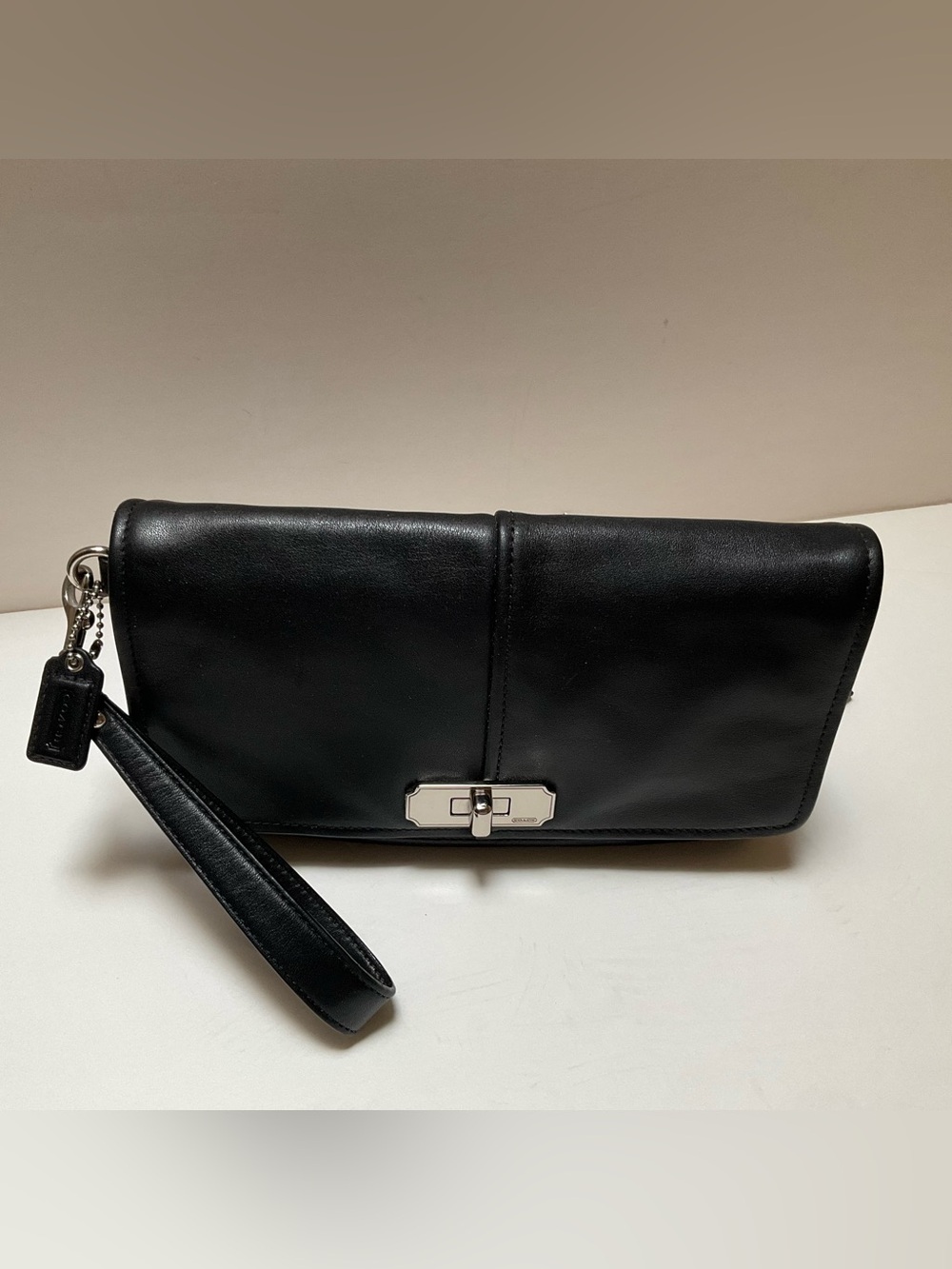 Coach Large Black Leather Wristlet Silver Hardware